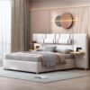 Queen Size Upholstered Platform Bed, 2 Outlets And USB Charging Ports On Both Sides, 2 Bedside Pillows, Storage Shelves - Beige - Image 11