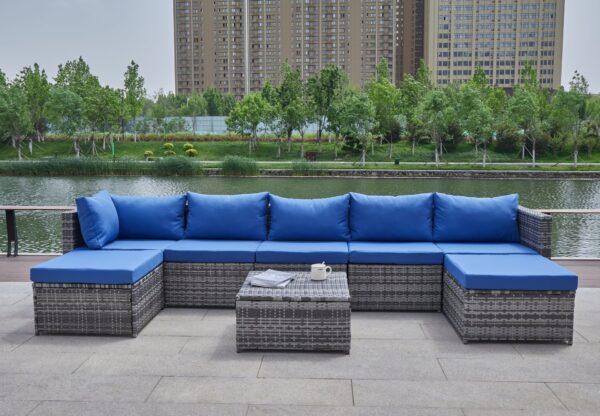 Patio Sofa With Cushions - Blue / Gray