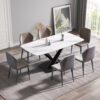 70.87" Modern Artificial Stone White Curved Black Metal Leg Dining Table, Can Accommodate 6-8 People - White / Black - Image 2