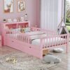 Twin Size Bed With Headboard Storage Rack, 2 Under Bed Drawers, 3 - Side Guardrails For Safety And Security - Pink - Image 2
