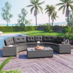 8 Pieces Outdoor Wicker Round Sofa Set, Half-Moon Sectional Sets All Weather, Curved Sofa Set With Rectangular Coffee Table, PE Rattan Water-Resistant And UV Protected, Movable Cushion - Gray