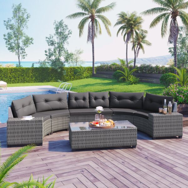8 Pieces Outdoor Wicker Round Sofa Set, Half-Moon Sectional Sets All Weather, Curved Sofa Set With Rectangular Coffee Table, PE Rattan Water-Resistant And UV Protected, Movable Cushion - Gray