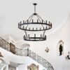 2 Tiers Wagon Wheel Chandelier Wooden Farmhouse 36 Light (24 / 12) Or (12 / 24) Metal Chandeliers 2 Story Light Fixtures Industrial For High Ceiling Living Dining Room Foyer, Adjustable Height - Black - Image 5