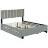 Queen Size Upholstered Platform Bed With 2 Drawers And 1 Trundle, Classic Strip Headboard Design - Gray - Image 4