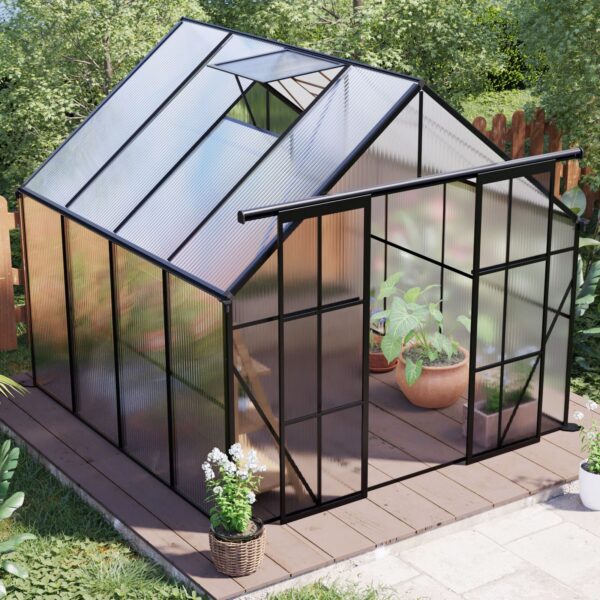 Double Door Polycarbonate Greenhouse Raised Base And Anchor Aluminum Heavy Duty Walk In Greenhouses For Outdoor Backyard In All Season - Black
