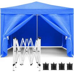 10'X10' Folding Canopy With 4 Removable Sidewalls Outdoor Event Shelter UPF 50+ Gazebo Portable Tents For Parties Beach Camping Wedding Ez Pop Up Canopy 4 Pieces Weight Bag + Carry Bag - Blue