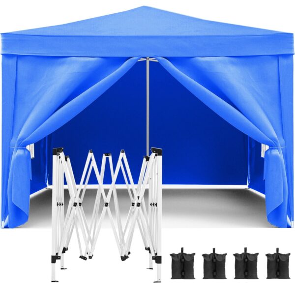 10'X10' Folding Canopy With 4 Removable Sidewalls Outdoor Event Shelter UPF 50+ Gazebo Portable Tents For Parties Beach Camping Wedding Ez Pop Up Canopy 4 Pieces Weight Bag + Carry Bag - Blue