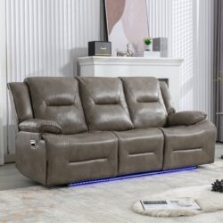 3 Seater Home Theater Recliner Manual Recliner Chair With A Led Light Strip Two Built-In Cup Holders For Living Room - Gray