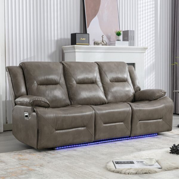3 Seater Home Theater Recliner Manual Recliner Chair With A Led Light Strip Two Built-In Cup Holders For Living Room - Gray