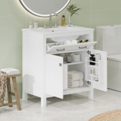 Bathroom Vanity With Ceramic Sink, Modern Single Bathroom Cabinet With 2 Doors And A Shelf, Soft Close Doors - White