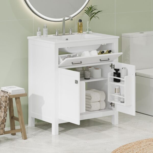 Bathroom Vanity With Ceramic Sink, Modern Single Bathroom Cabinet With 2 Doors And A Shelf, Soft Close Doors - White