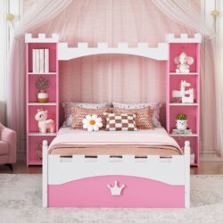Castle Shaped Bed With Storage Shelf, Dreamy Twin Size Platform Bed For Kids Bedroom - Pink / White
