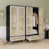 Tall Armoire Wardrobe Closet With 2 Rattan Doors & 1 Drawer, Boho Clothes Storage Cabinet With Hanging Rod For Bedroom - Natural / Black - Image 4