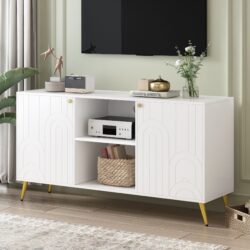 Modern TV Stand For TVs Up To 55", Entertainment Center Media Console, Adjustable Shelf, Metal Legs, Handles And Anti-Tip Device For Living Room - White