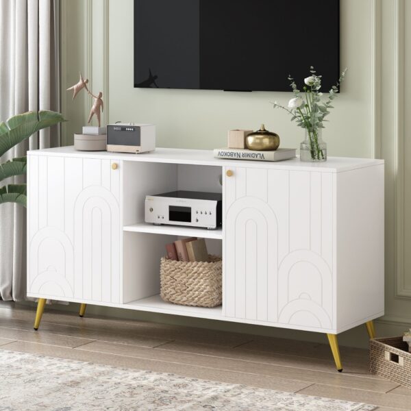 Modern TV Stand For TVs Up To 55", Entertainment Center Media Console, Adjustable Shelf, Metal Legs, Handles And Anti-Tip Device For Living Room - White