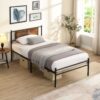Modern Twin Long Size Metal Bedframe With Wood Panel Headboard - Black / Brown - Image 2