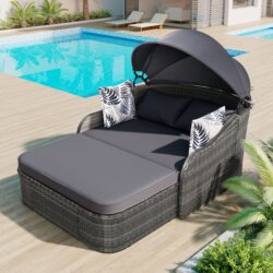 Outdoor Sunbed With Adjustable Canopy, Double Lounge, PE Rattan Daybed Wicker And Cushion - Gray