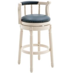 26'' Leather Wooden Bar Stool - Cream / Blue