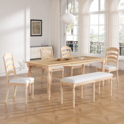 Topmax - 6 Piece Vintage Traditional Extendable Dining Table Set With Removable Leaf, Upholstered Dining Bench And 4 Chairs For 6 - Natural