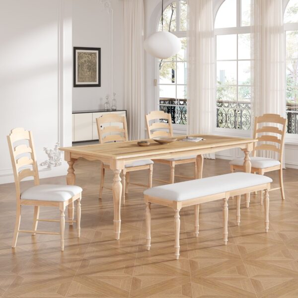 Topmax - 6 Piece Vintage Traditional Extendable Dining Table Set With Removable Leaf, Upholstered Dining Bench And 4 Chairs For 6 - Natural