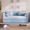 Upholstered Daybed Sofa Bed Twin Size With Trundle Bed And Slat - Light Blue - Image 13
