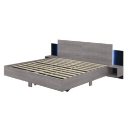 King Size Floating Platform Bed, With LED Lights, Bedside Nightstand - Gray