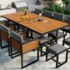 18 Pieces Acacia Wood Patio Dining Set, Space Saving Outdoor Patio Set, 8 Cushioned Chairs & 8 Ottomans & 2 Square Table, For Backyard, Garden, Deck And Poolside - Gray - Image 7