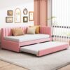 Upholstered Daybed With Trundle Twin Size Sofa Bed Frame No Box Spring Needed, Linen - Pink - Image 11