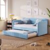 Upholstered Daybed Sofa Bed Twin Size With Trundle Bed And Slat - Light Blue - Image 12