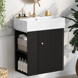 Modern Floating Bathroom Vanity With Ceramic Basin, Perfect For Small Bathrooms, Left Side Storage - Black