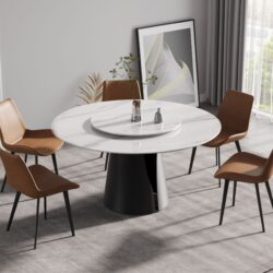 59.05" Modern Artificial Stone Round Carbon Steel Base Dining Table, Can Accommodate 6 People, White Artificial Stone Turntable - White / Black