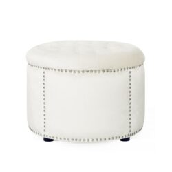 Elegant Round Ottoman With Studded Rim - Beige