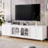 Modern TV Stand For TVs Up To 75", Entertainment Center With Glass Door, 4 Drawers And 2 Cabinets, 5 Metal Legs And Metal Handles For Living Room - White - Image 3