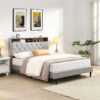 Modern Queen Size Upholstered Platform Bed Frame With Button Tufted Linen Fabric Headboard And USB Ports - Light Gray - Image 2