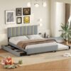 Queen Size Upholstered Platform Bed With 2 Drawers And 1 Trundle, Classic Strip Headboard Design - Gray - Image 15