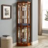 6 Shelf Lighted Corner Curio Cabinet With Adjustable Tempered Glass Shelves And Mirror Back (E26 Light Bulb Not Included) - Oak - Image 7