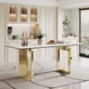 Thick Sintered Stone Composite Tempered Glass Top Rectangular Dining Table With Stainless Steel Base - Gold - Image 2