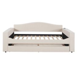 Twin Size Upholstered Daybed With Storage Armrests, Trundle And Latest Integrated Bluetooth Audio System - Beige