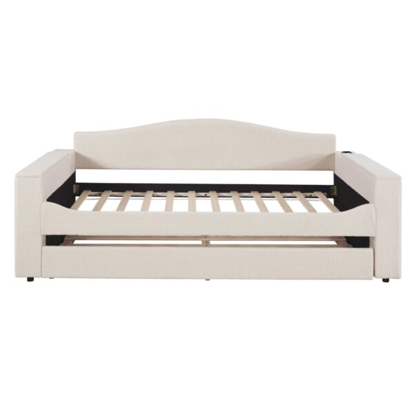 Twin Size Upholstered Daybed With Storage Armrests, Trundle And Latest Integrated Bluetooth Audio System - Beige