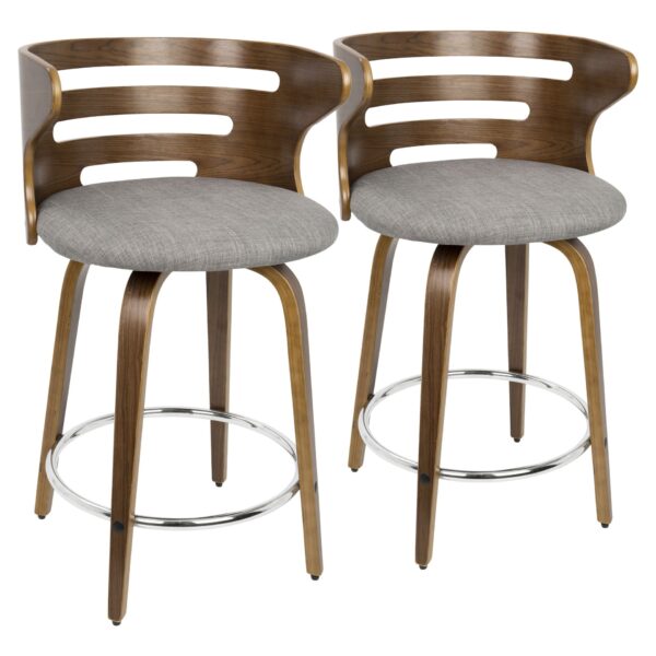 Cosini - Mid-Century Modern Fixed Height Counter Stool With Footrest With Swivel (Set of 2) - Walnut / Gray / Chrome