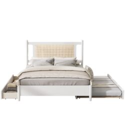 Queen Size Platform Bed With 2 Big Drawers Twin Size Trundle - White