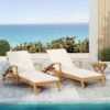 Versatile Chaise Lounge With Wheels Acacia Wood Recliner For Patio - Cream - Image 3