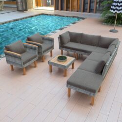 9 Piece Patio Rattan Furniture Set, Outdoor Conversation Set With Acacia Wood Legs And Tabletop, PE Rattan Sectional Sofa Set With Coffee Table, Washable Cushion - Gray