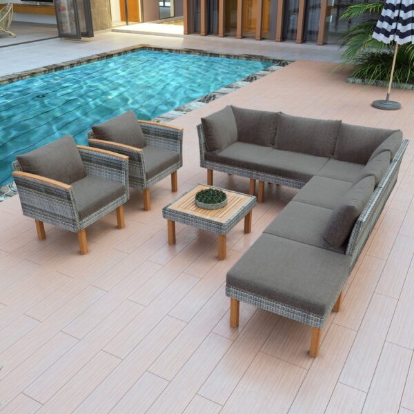 9 Piece Patio Rattan Furniture Set, Outdoor Conversation Set With Acacia Wood Legs And Tabletop, PE Rattan Sectional Sofa Set With Coffee Table, Washable Cushion - Gray
