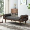 Contemporary Fabric Chaise Lounge With Button Tufted Waffle Stitching And Rolled Accent Pillows - Charcoal - Image 2