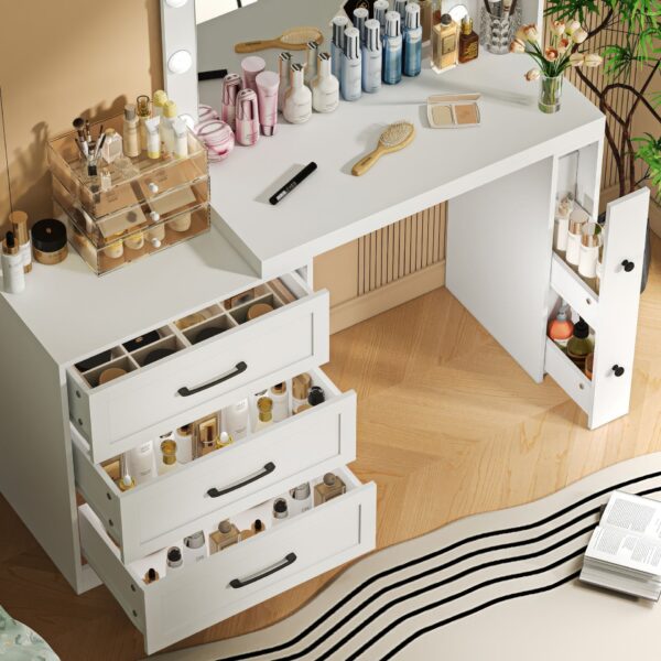 Vanity Desk With Freely Adjustable Side Cabinet, Makeup Vanity With Hollywood Lights, 5 Storage Drawers & 2-Shelves, Modern Dressing Table - White