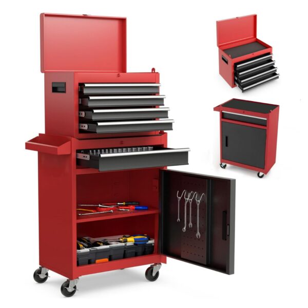 Tool Chest, 5 Drawer Rolling Tool Storage Cabinet With Detachable Top Tool Box, Liner, Universal Lockable Wheels, Adjustable Shelf, Locking Mechanism, Metal Tool Cart For Garage Workshop - Red