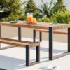 3 Pieces Outdoor Dining Table With 2 Benches, Patio Dining Set With Unique Top Texture, Acacia Wood Top & Steel Frame, All Weather Use, For Outdoor & Indoor - Natural - Image 4