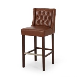 Solstara - Upholstered Leather Dining Barstool With Button Tufted And Wing Back - Light Brown