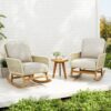 Cushioned Rattan Rocking Chairs With Wooden Accent Table Modern 3 Piece Outdoor Seating Set For Patio Relaxation - Ivory - Image 2